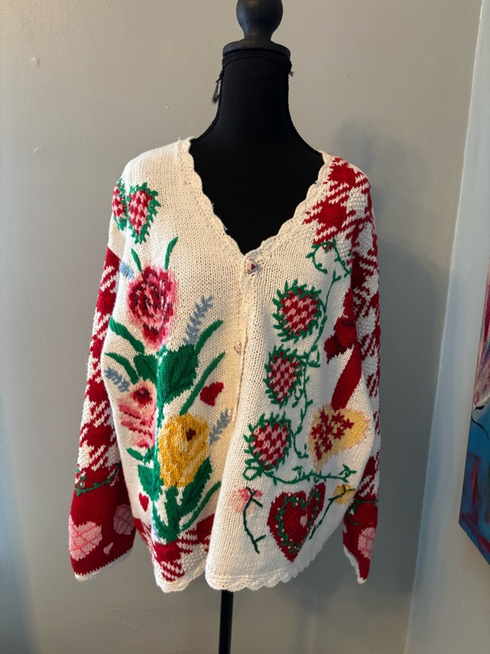 Vtg eagles eye 1996 2X cardigan sweater womens hearts bow flowers